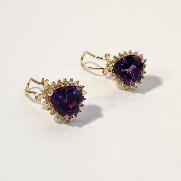 Vtg 80's 4.69g 14K Gold Natural Amethyst & Diamond Omega Back Earrings - Picture 7 of 15